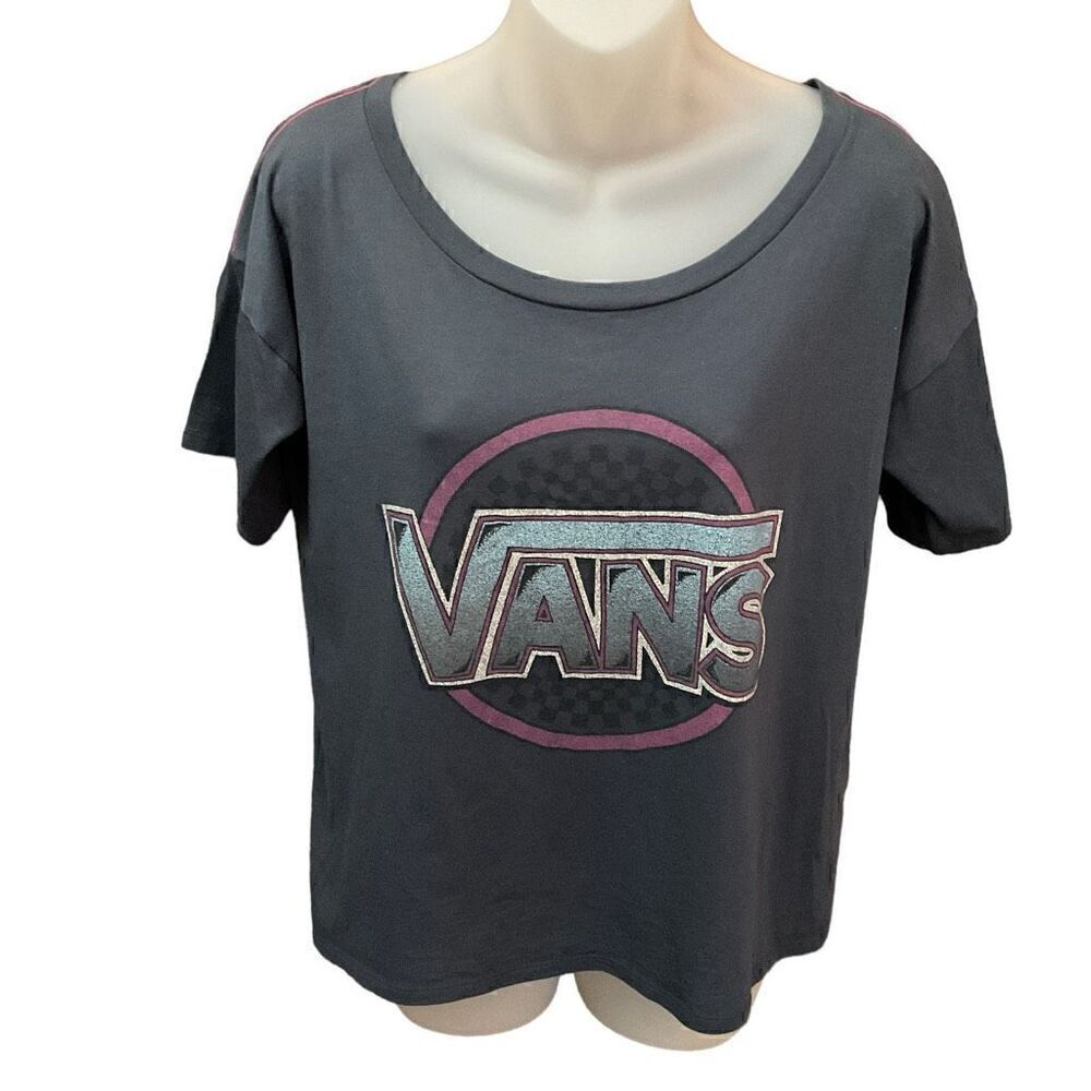Vans Tee Shirt  Round Scoop Neck Short Sleeves Bluish Grey Pink Vans Logo XS